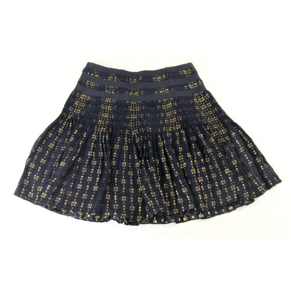 J Crew Navy Blue Short Skirt Full Pleated Gold Embellished Womens Size 2